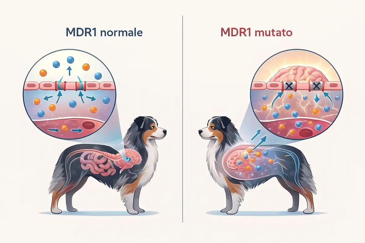 Infografica di un Pastore Australiano divisa in due metà: a sinistra la barriera emato-encefalica con P-glicoproteine funzionanti che respingono i farmaci dal cervello, a destra la stessa barriera con P-glicoproteine difettose e un eccesso di molecole che entra nel cervello per effetto della mutazione MDR1.