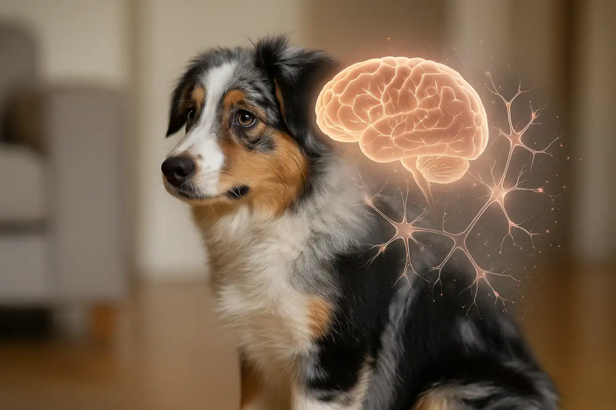 Pastore Australiano giovane in primo piano con doppia esposizione sullo sfondo che mostra un cervello stilizzato e neuroni che si dissolvono, a simboleggiare la neuronal ceroid lipofuscinosis NCL6 e la demenza genetica progressiva.