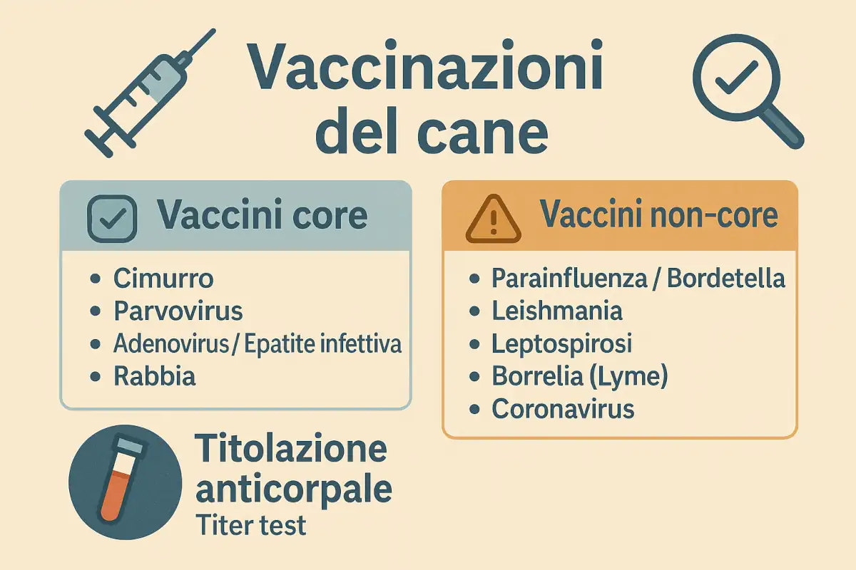Infografica che distingue vaccini core, vaccini non-core e titolazione anticorpale per il cane.