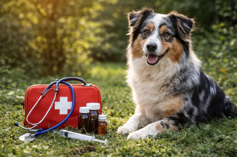 Immagine di un Pastore Australiano seduto su un prato accanto a strumenti veterinari come kit di primo soccorso, stetoscopio e farmaci, a rappresentare la prevenzione e la cura della salute nel cane.