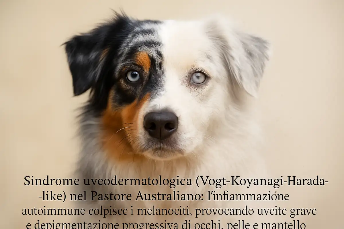 Primo piano di un Pastore Australiano blue merle: un lato del muso è a colori e l’altro è desaturato, con un occhio velato, a simboleggiare la sindrome uveodermatologica che attacca il pigmento di occhi, pelle e pelo.