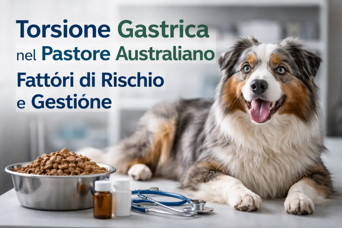 Australian Shepherd adulto in ambiente clinico veterinario, accanto a una ciotola di crocchette e strumenti medici, a rappresentare l’approccio scientifico e razionale al tema della torsione gastrica nel cane.