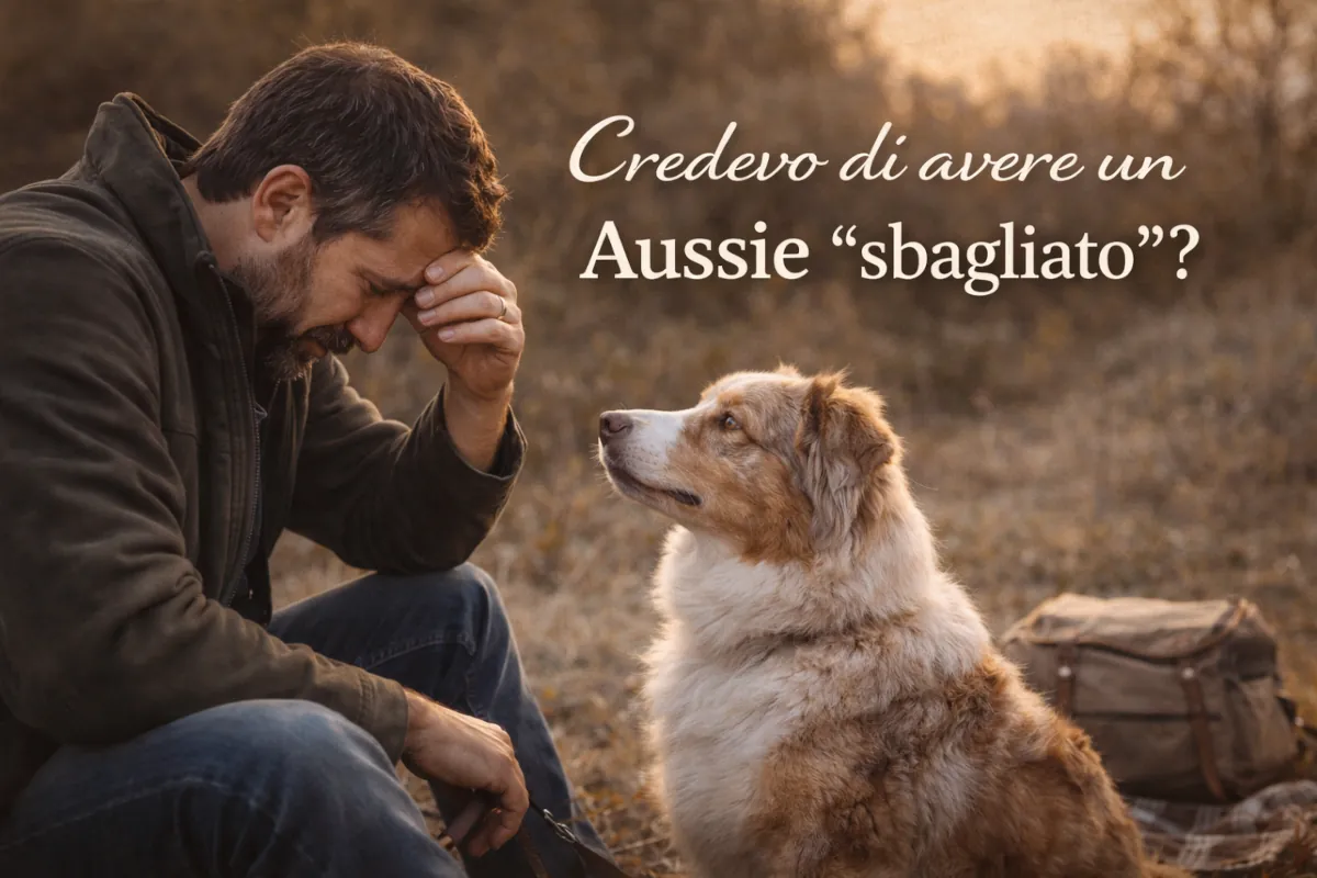 Un Pastore Australiano red merle osserva il suo proprietario durante una pausa all’aperto, in un momento di riflessione e connessione, simbolo del dubbio iniziale e della comprensione che nasce dall’osservazione.