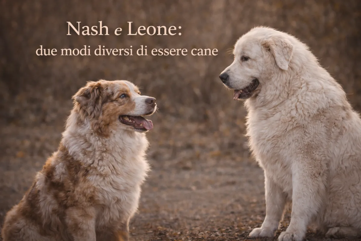 Un Pastore Australiano red merle e un Mastino Abruzzese si osservano durante un incontro all’aperto, evidenziando il contrasto tra un cane da conduzione attento e reattivo e un cane da guardiania calmo e riflessivo.