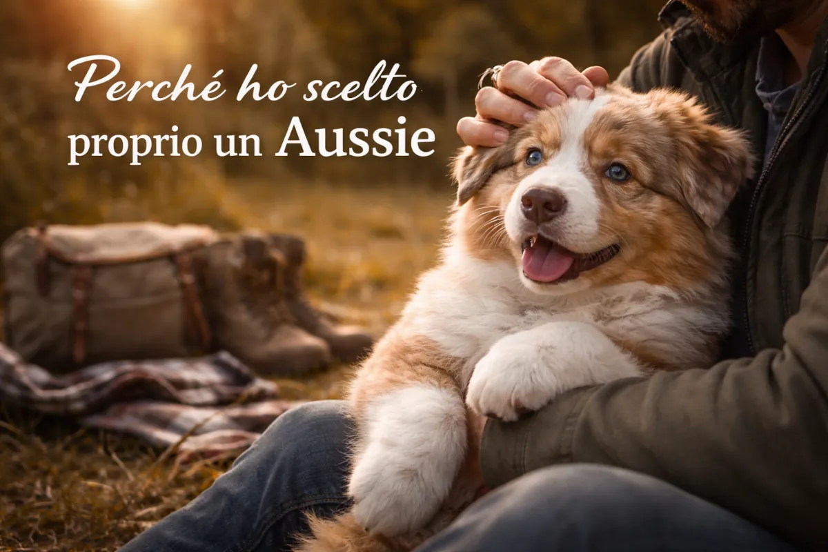 Un cucciolo di Pastore Australiano red merle viene tenuto in braccio durante una pausa all’aperto, in un contesto naturale illuminato da luce calda, simbolo dell’inizio della relazione e della scelta della razza.