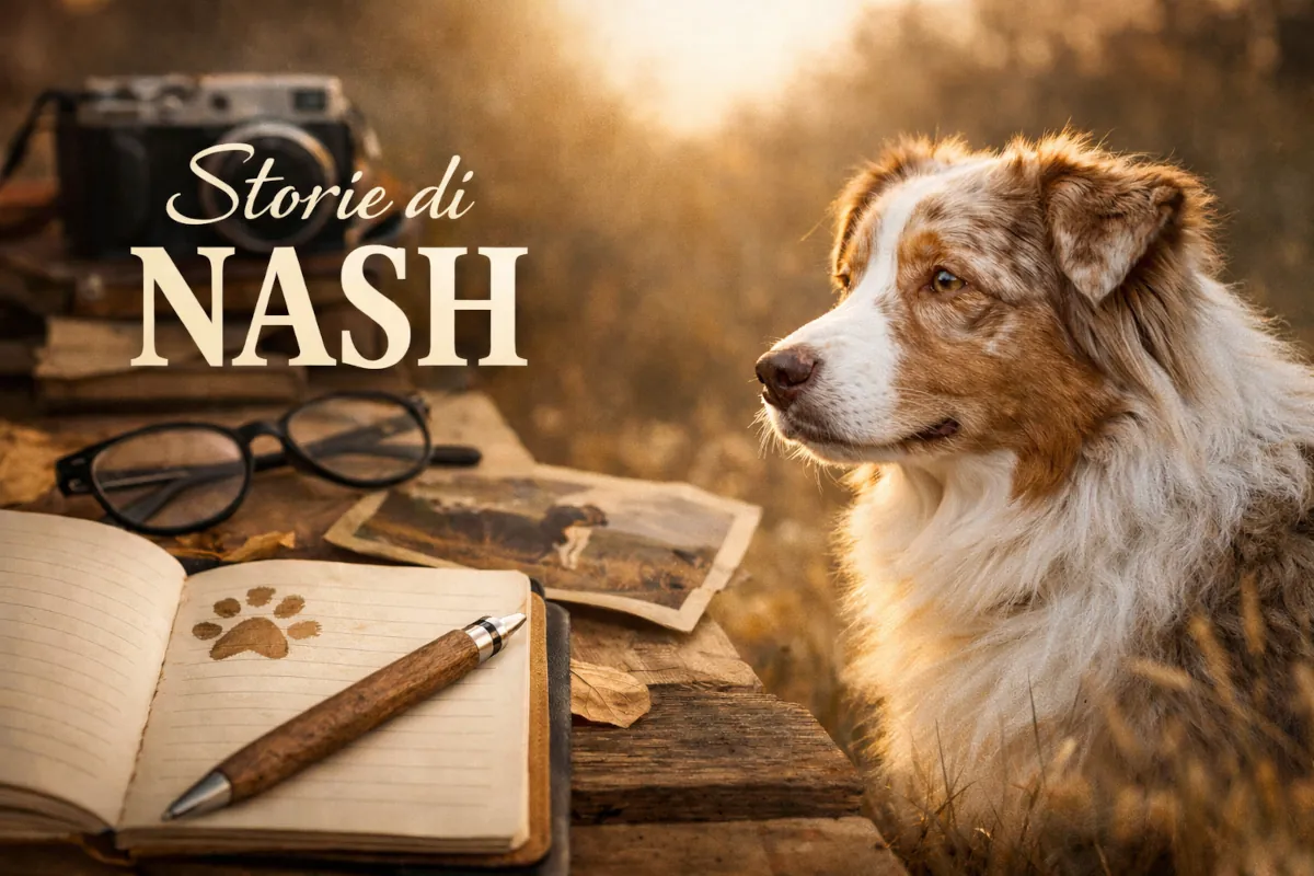Un Pastore Australiano red merle osserva il paesaggio al tramonto accanto a un quaderno aperto con appunti e impronta, simbolo di un diario di esperienze e osservazioni sulla vita quotidiana con un Aussie.