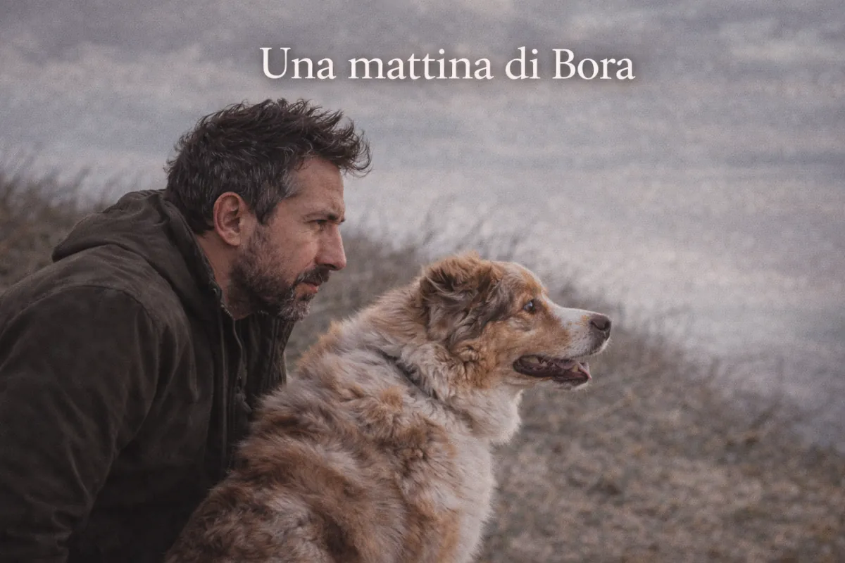 Un Pastore Australiano red merle e il suo proprietario affrontano una giornata ventosa all’aperto, mantenendo attenzione e coordinazione mentre osservano l’ambiente circostante.