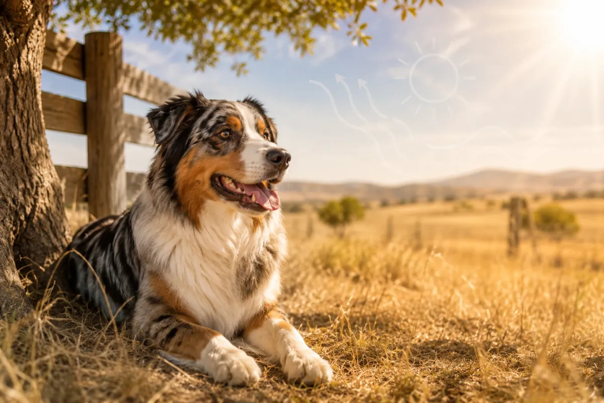 Un Pastore Australiano blue merle è sdraiato all’ombra di un albero, vicino a una recinzione di campagna, in una giornata estiva calda e luminosa. Il cane ansima leggermente, con il mantello naturale ben visibile, mentre sullo sfondo si intravedono campi secchi, luce intensa e un delicato motivo grafico che richiama sole, calore e movimento dell’aria.