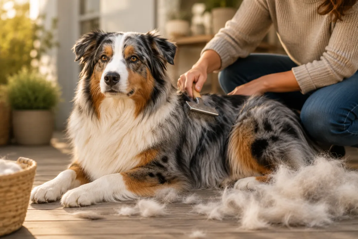 Un Pastore Australiano blue merle è sdraiato tranquillamente su un pavimento in legno mentre viene spazzolato. Il mantello naturale e abbondante è ben visibile, con ciuffi di sottopelo rimosso raccolti accanto al cane. La scena, calda e domestica, richiama in modo realistico e leggermente ironico la gestione della muta e della perdita di pelo nella vita quotidiana con un Aussie.