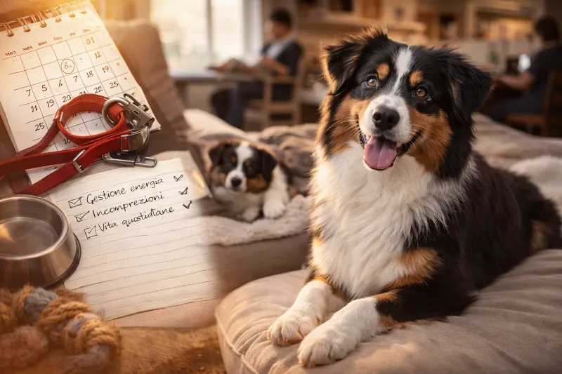 Immagine di un Pastore Australiano black tricolor in ambiente domestico, circondato da oggetti legati alla vita quotidiana come guinzaglio, giochi e appunti, a rappresentare la gestione e la convivenza con il cane nella routine di tutti i giorni.