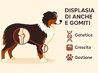 Illustrazione didattica di un Pastore Australiano di profilo, con le articolazioni di anche e gomiti evidenziate in modo semplificato. Accanto, piccole icone e brevi etichette spiegano che la displasia è un problema di sviluppo articolare influenzato da genetica, crescita e gestione, senza mostrare immagini dolorose o allarmistiche.