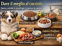 Cucciolo di Pastore Australiano con crocchette, umido e ingredienti per dieta casalinga; focus su completezza e equilibrio calcio-fosforo.