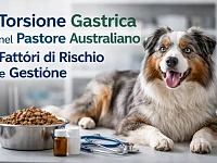 Australian Shepherd adulto in ambiente clinico veterinario, accanto a una ciotola di crocchette e strumenti medici, a rappresentare l’approccio scientifico e razionale al tema della torsione gastrica nel cane.