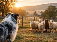 Un Australian Shepherd blu merle osserva attentamente un piccolo gruppo di pecore in un pascolo al tramonto. La scena richiama il lavoro tradizionale dei cani da pastore e il legame tra selezione funzionale, esperienza degli allevatori e gestione delle linee di sangue.
