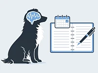 Silhouette di un Australian Shepherd di profilo con un’icona di cervello stilizzato e onde cerebrali, accanto a un diario clinico con calendario e annotazioni, su sfondo chiaro.