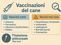 Infografica che distingue vaccini core, vaccini non-core e titolazione anticorpale per il cane.