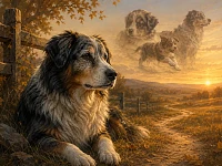 Illustrazione evocativa di un Australian Shepherd anziano disteso in un paesaggio rurale al tramonto. Sullo sfondo compaiono, come ricordi, le diverse età della sua vita: cucciolo, giovane e adulto. L’immagine accompagna l’articolo sulla longevità dell’Australian Shepherd e richiama il tema del tempo, della memoria e dell’invecchiamento nella razza.