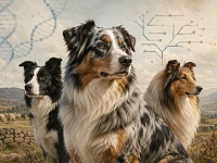 Immagine editoriale che rappresenta il rapporto genetico e storico tra Pastore Australiano, Border Collie e Collie, con richiami visivi alla genetica, ai cladi di razza e al comune patrimonio rurale e pastorale.