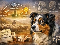 Illustrazione concettuale che rappresenta il Pastore Australiano mentre osserva il contesto ambientale e umano prima di prendere una decisione. L’immagine richiama i principi dell’etologia classica e della cognizione canina: funzione del comportamento, valutazione del contesto e autonomia decisionale, elementi centrali nella selezione storica della razza.