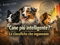 Un’immagine concettuale che mette in discussione l’idea di una classifica assoluta dell’intelligenza canina. Border Collie, Pastore Australiano e Rough Collie rappresentano i cani da conduzione, mentre elementi grafici richiamano il confronto tra obbedienza, autonomia decisionale e selezione funzionale, temi centrali dell’articolo.