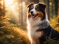 Australian Shepherd tricolore seduto in una foresta, con il pelo brillante sotto la luce del tramonto. Il cane ha un atteggiamento concentrato e riservato.