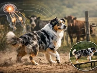 Australian Shepherd in arretramento controllato con focus in avanti; overlay illustrativo su propriocezione, equilibrio e controllo del posteriore.