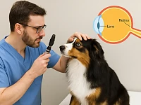 Veterinario oculista che esamina con un oftalmoscopio gli occhi di un Pastore Australiano seduto sul tavolo visita, con a lato un piccolo schema stilizzato dell’occhio che indica retina, cristallino e nervo ottico.