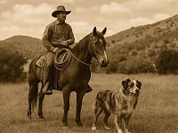Cowboy a cavallo affiancato da un cane tipo Australian Shepherd in un paesaggio rurale americano.