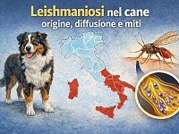 Infografica sulla leishmaniosi nel cane che mostra un Australian Shepherd, il flebotomo vettore della malattia e una mappa dell’Italia con le principali aree di diffusione.