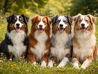 Quattro Pastori Australiani che mostrano i quattro colori di base riconosciuti dallo standard della razza: black, red, blue merle e red merle.