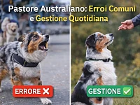 Immagine comparativa che mostra due Pastori Australiani: uno in stato di agitazione durante una passeggiata urbana e uno calmo e attento al proprietario in un contesto naturale, per rappresentare la differenza tra gestione errata e gestione corretta.