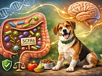 Illustrazione concettuale del microbiota intestinale del cane: l’intestino con le principali popolazioni microbiche, la produzione di acidi grassi a corta catena (SCFA) e la connessione intestino–cervello. L’immagine rappresenta il ruolo del microbiota nell’equilibrio digestivo, immunitario e comportamentale del cane, evidenziando l’importanza della stabilità alimentare e dei tempi biologici nel riequilibrio intestinale.