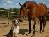 Un Australian Shepherd blue merle seduto accanto a un Quarter Horse in un maneggio recintato, con colline verdi sullo sfondo. L’immagine richiama il legame storico tra i primi Aussie arrivati in Italia e il mondo dei cavalli western.