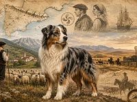 Illustrazione in stile archivio storico con un Australian Shepherd blue merle in primo piano. Sullo sfondo compaiono elementi evocativi delle possibili origini della razza: paesaggi pastorali della penisola iberica e dei Pirenei, pastori con greggi, riferimenti al mondo basco, mappe antiche, rotte migratorie e un ranch del West americano.